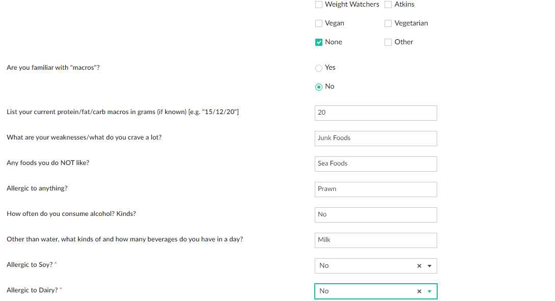 Simplified collecting health and food data from customers in Fitness Management App
